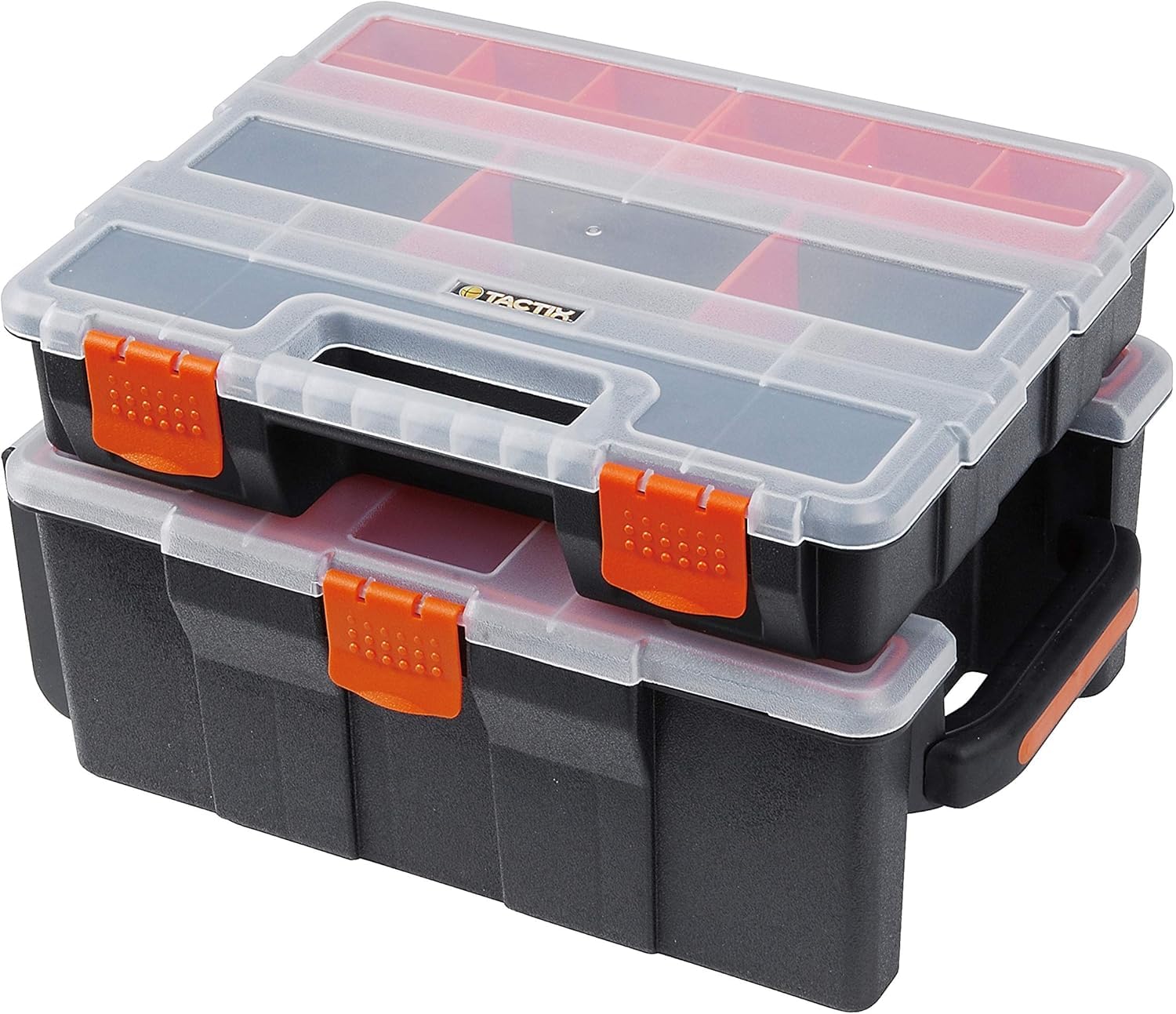 Tactix Hardware & Parts Organizers Set, 2 Piece Toolbox, Customizable Compartment, Small Parts Organizer, Storage Tool Box, Removable trays, Black/Orange- 320033