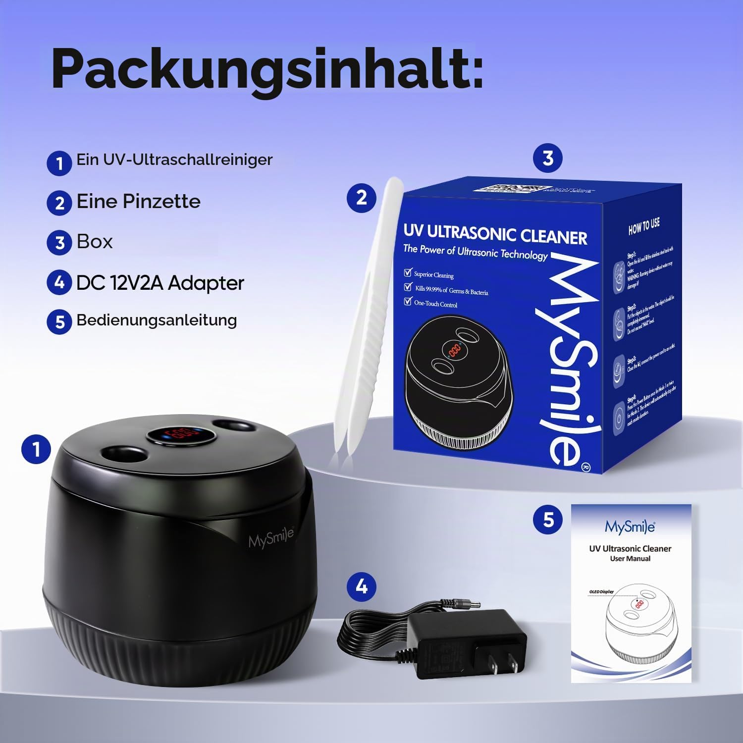 MySmile MS100 Ultraschallreinigungsgerät Zahnschiene mit UV Licht und Timer | 45 kHz, 4 UV, 2 Modi, 200ML, Handlich, Geräuscharm, für Zahnersatz, Mundschutz, Zahnbürstenköpfe, Aligner, Jetzt Schwarz