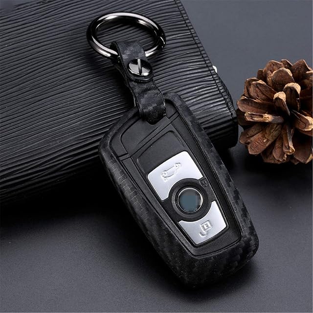 M.JVisun Soft Silicone Rubber With Carbon Fiber Texture Pattern Cover Protector For BMW Key Fob, Car Remote Key Fob Case For BMW X3 X4 M5 M6 GT3 GT5 1 2 3 4 5 6 7 Series (Black - Round Keychain)