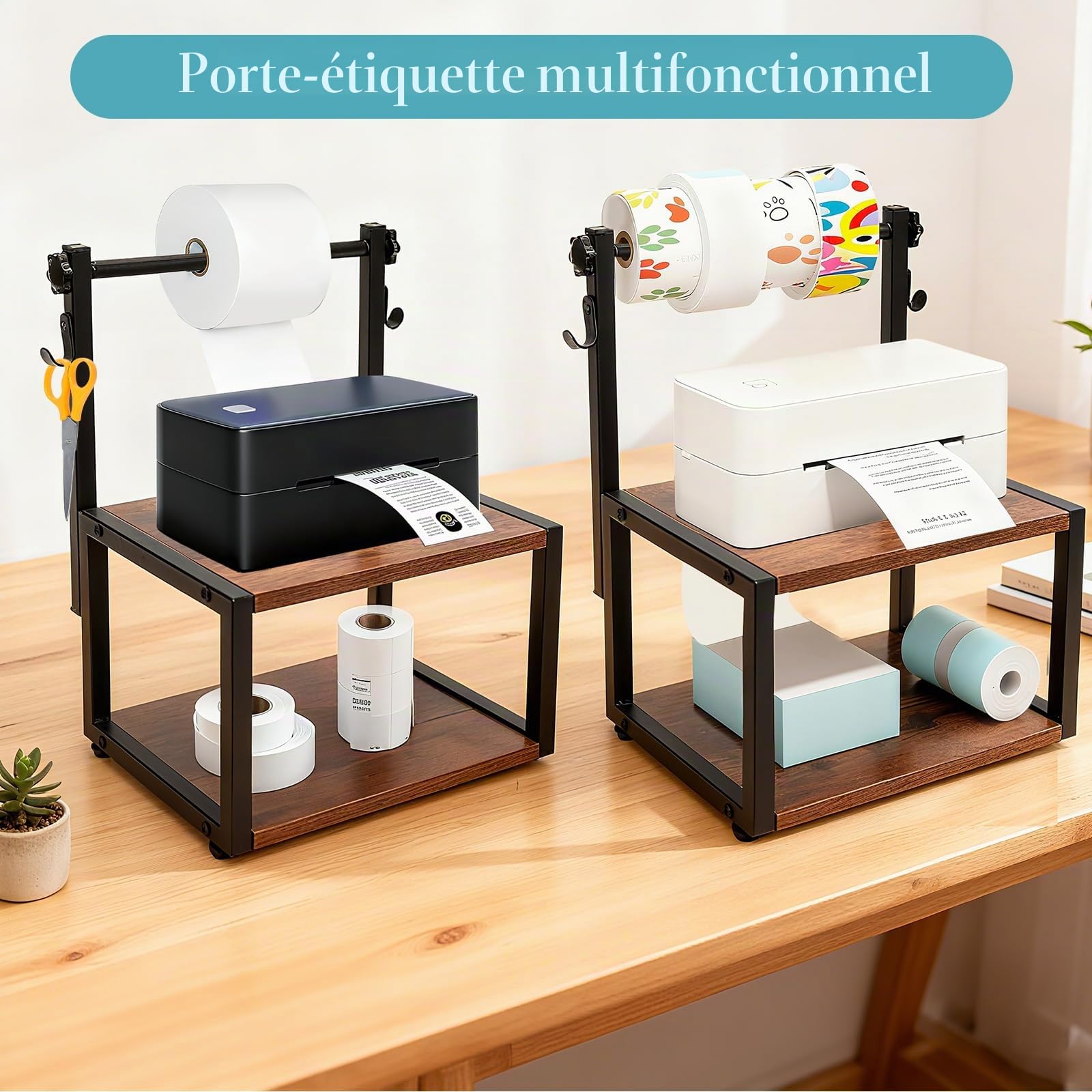 Porte-étiquettes Thermiques pour étiquettes en Rouleau et Continues, Support pour Imprimante avec Deux étagères et Crochets Intégrés, Accessoire pour Imprimante D'étiquettes de Bureau