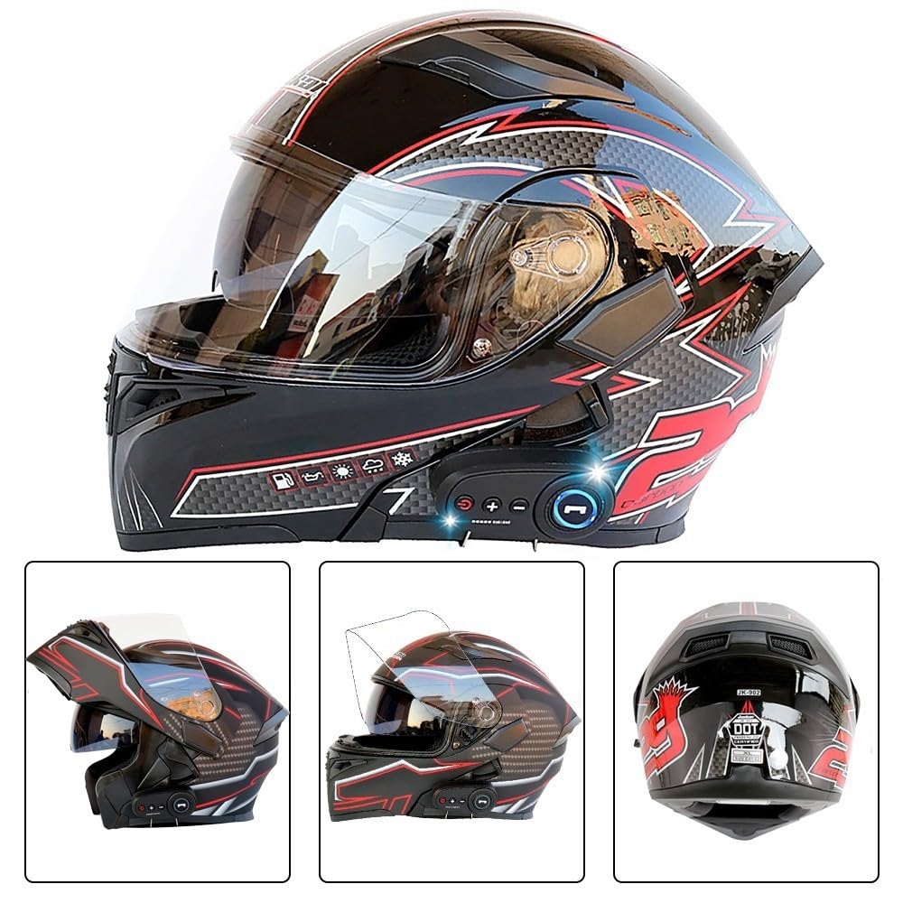 Bluetooth Casco Moto Modulare, Caschi Modulari Motorino Integrali con Doppio Visiera, Sistema di Comunicazione Interfono Integrato Radio FM Mp3, Certificato ECE Flip up Helmet