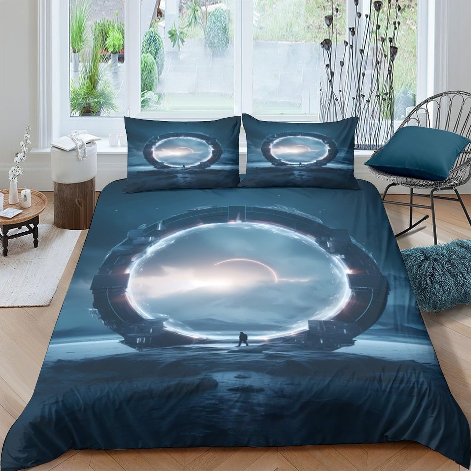 Ctjqhvkz Style-8 3D Printed Sci-Fi Portal Fitted Sheet Microfiber Soft Dark Blue Mattress Cover For Bedroom Dorm Home Decor Single（135X200cm）