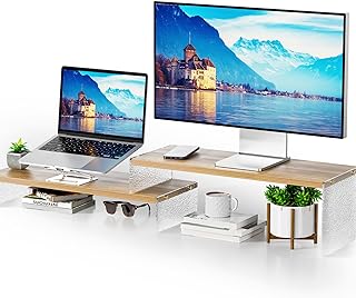 YGYQZ Adjustable Monitor Stand Riser，2 Tier Dual Wood & Acrylic Computer Monitor Stand Desk Desktop Organizer Table for Home, Office Workspace, Laptop Riser, Printer&PC(wood-glacial striae)