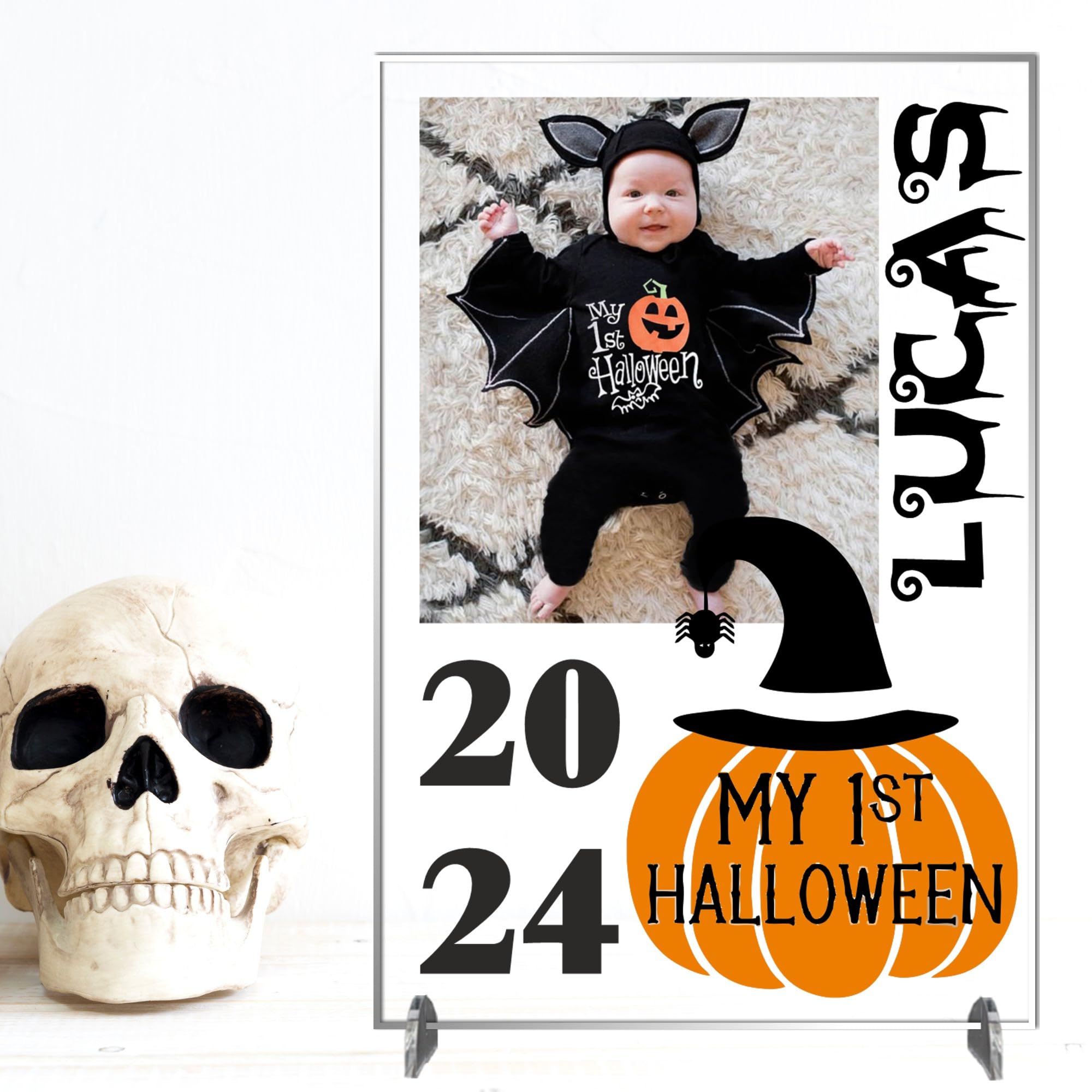 Personalised 'My 1st Halloween' Acrylic or Wooden Photo Plaque with Stand - Adorable Cat Design - Laser-Cut Keepsake for Baby's First Halloween Memory (Design 3, Acrylic A5 21cm x 15cm)