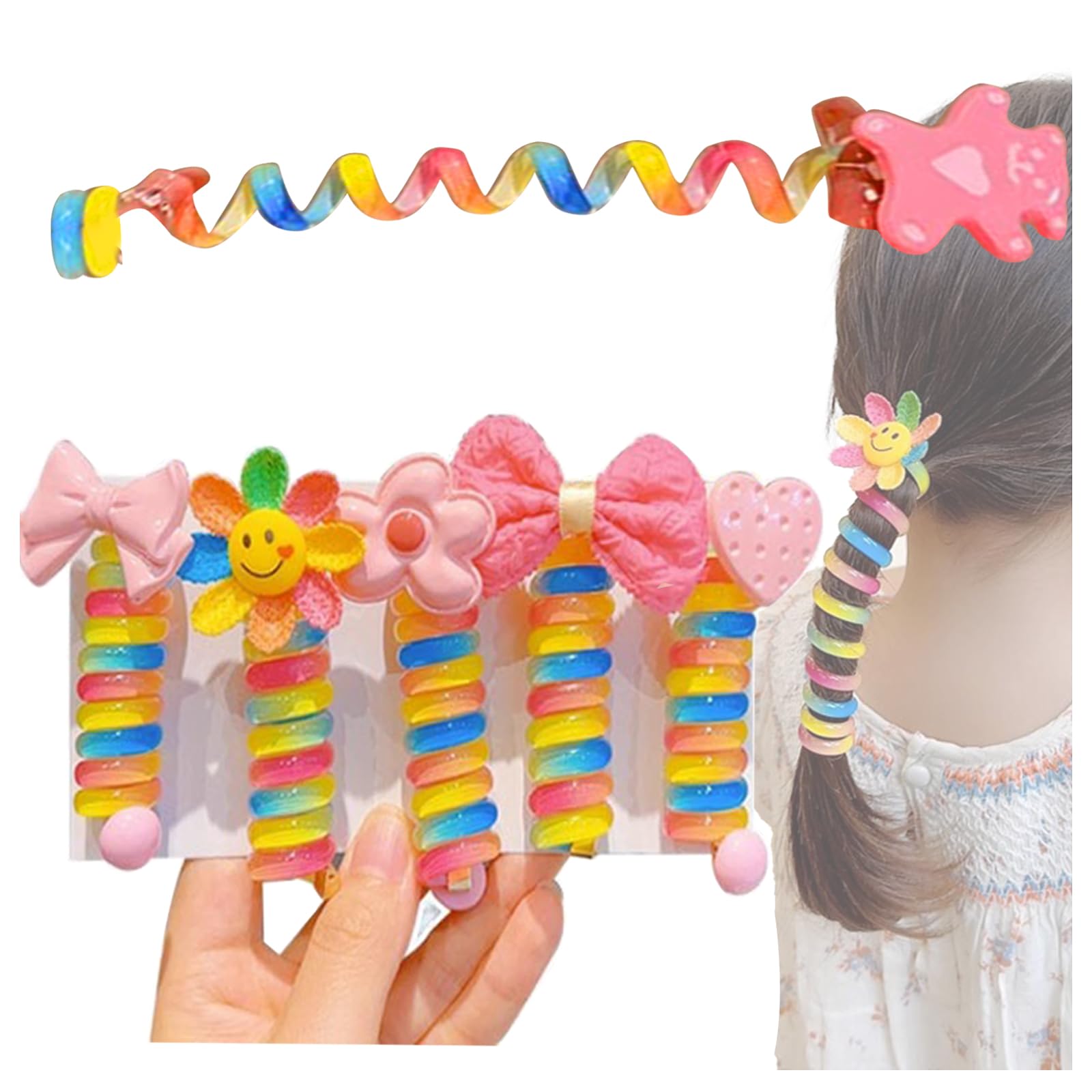 Telephone Wire Hair Bands for Kids 5 Pcs Colorful Flower Bowknot Braided Telephone Cord Hair Rope Straight Spiral Hair Ties Coil Elastic Phone Cord Cute Ponytail Holder Accessories for Women Girls