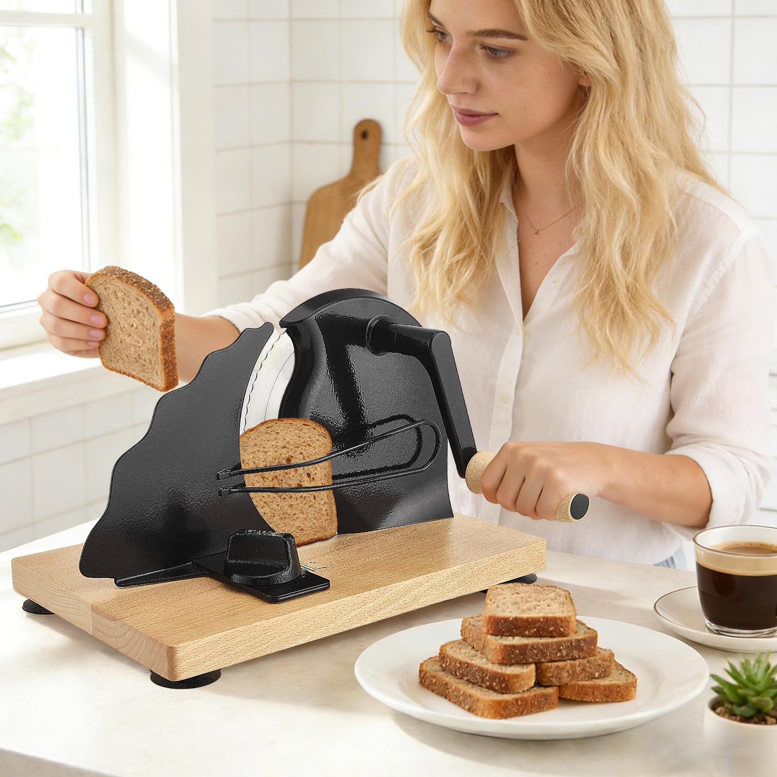 Affettatrice manuale per il pane con linee e ventose, lama in acciaio inox, spessore di taglio regolabile 0-21 mm per dischi uniformi, ideale per uso domestico e gastronomico