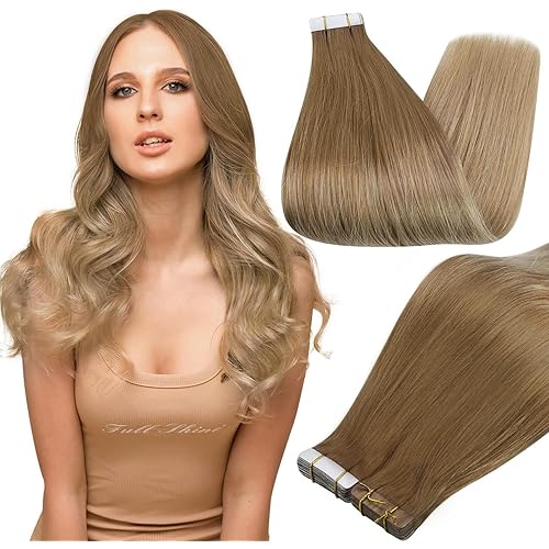 Full Shine Tape ins Invisible Tape in Hair Extensions Human Hair 18Inch Remy Glue in Hair Extensions Ombre Balayage Color 10/14 Golden Brown to Dark Blonde Seamless Skin Weft Hair Extension 20Pcs 50G