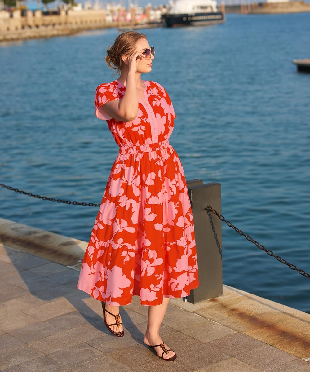 RITERA Plus Size Dresses for Curvy Women Vneck Short Sleeve Summer Floral Tiered Ruffle Maxi Dress with Pockets XL-5XL - Image 4