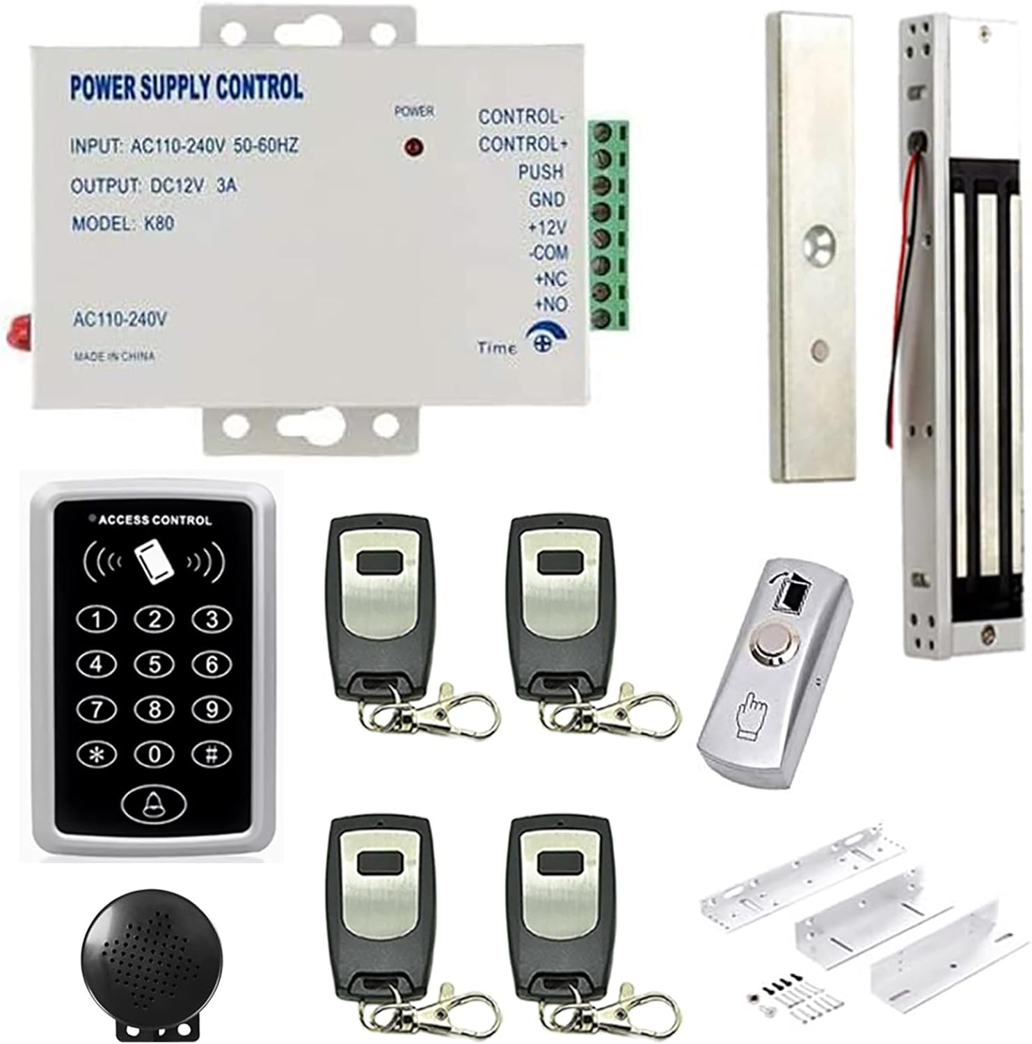 MENGQI-CONTROL Weatherproof Keypad 600lbs Magnetic Lock(Waterproof) 4 Remote Access Control Kit 110-240V Power Supply Unit Push to Exit Button Buzzer Sounder for Visitor in