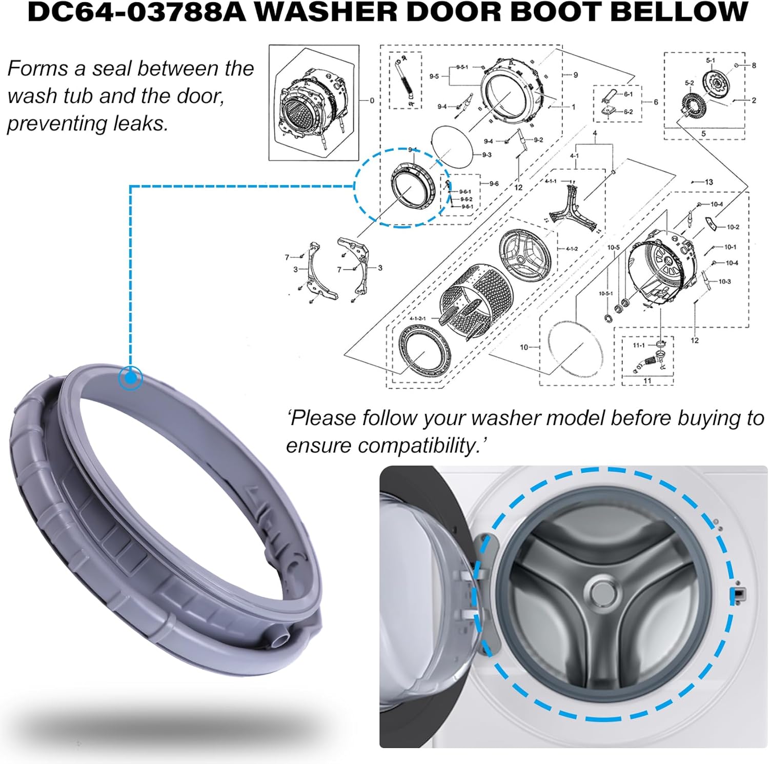DC64-03788A Washer Door Boot Seal Gasket Diaphragm for Samsung Washing Machine WF45R6100 WF45R6300 WF45B6300 WF45T6000 WF45T6200 WF46BB6700 WF50A8600, Replace 4959290 AP6884238 PS12720638 EAP12720638 - Image 4