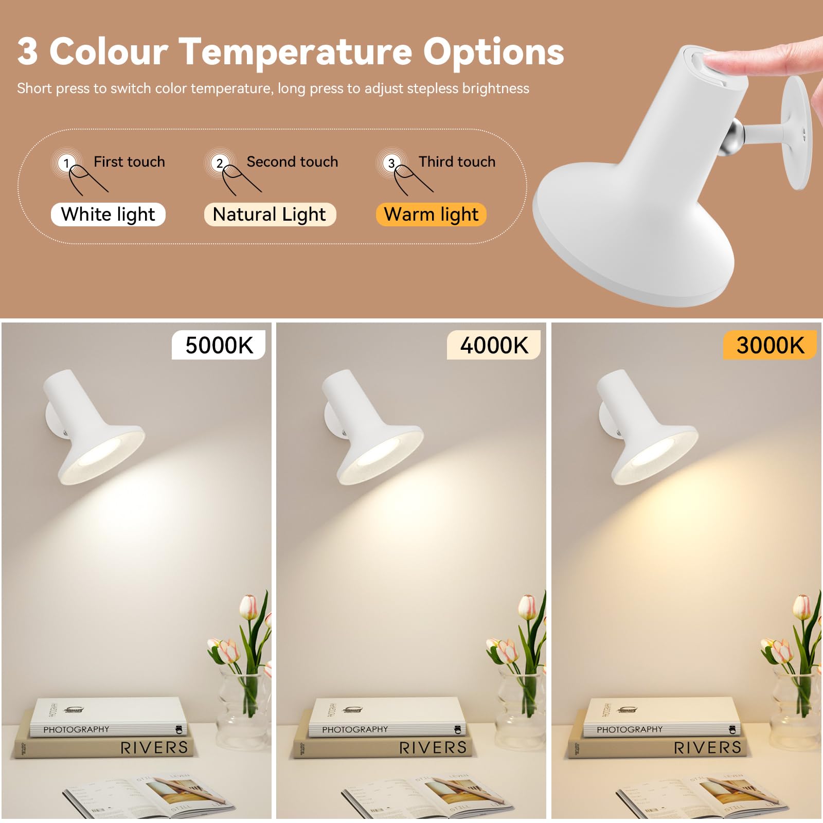 LED Lampada da Parete Interno,Bianco/Naturale/Caldo, Applique Ricaricabile da 2600 mAh,Luminosità Regolabile 10-100%, Illuminazione Ruotabile a 360 Gradi, Adatta per Corridoi/Soggiorno/Comodino