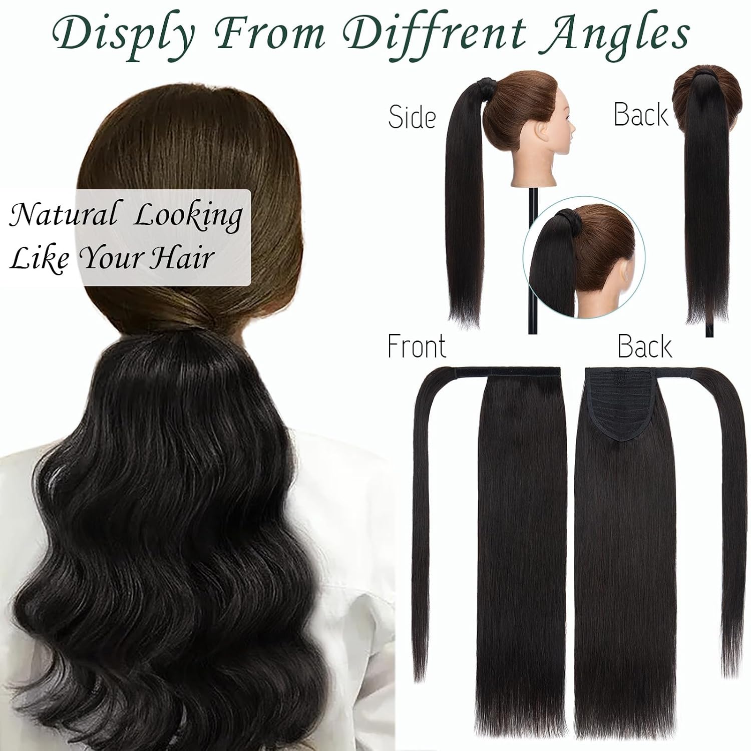 S-noilite Wrap Around Ponytail Extension Human Hair #1B Natural Black Ponytail Extensions Real Remy Hair 16inch Long Straight Clip in Human Hair Ponytail 80Grams
