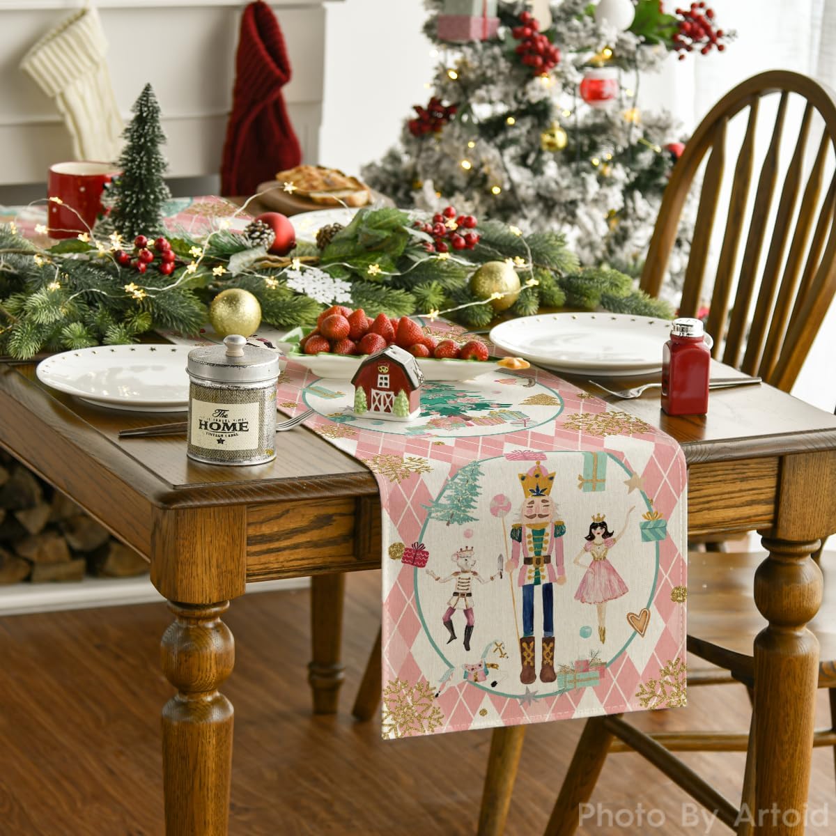 Pink Diamond Plaid Nutcracker Christmas Table Runner