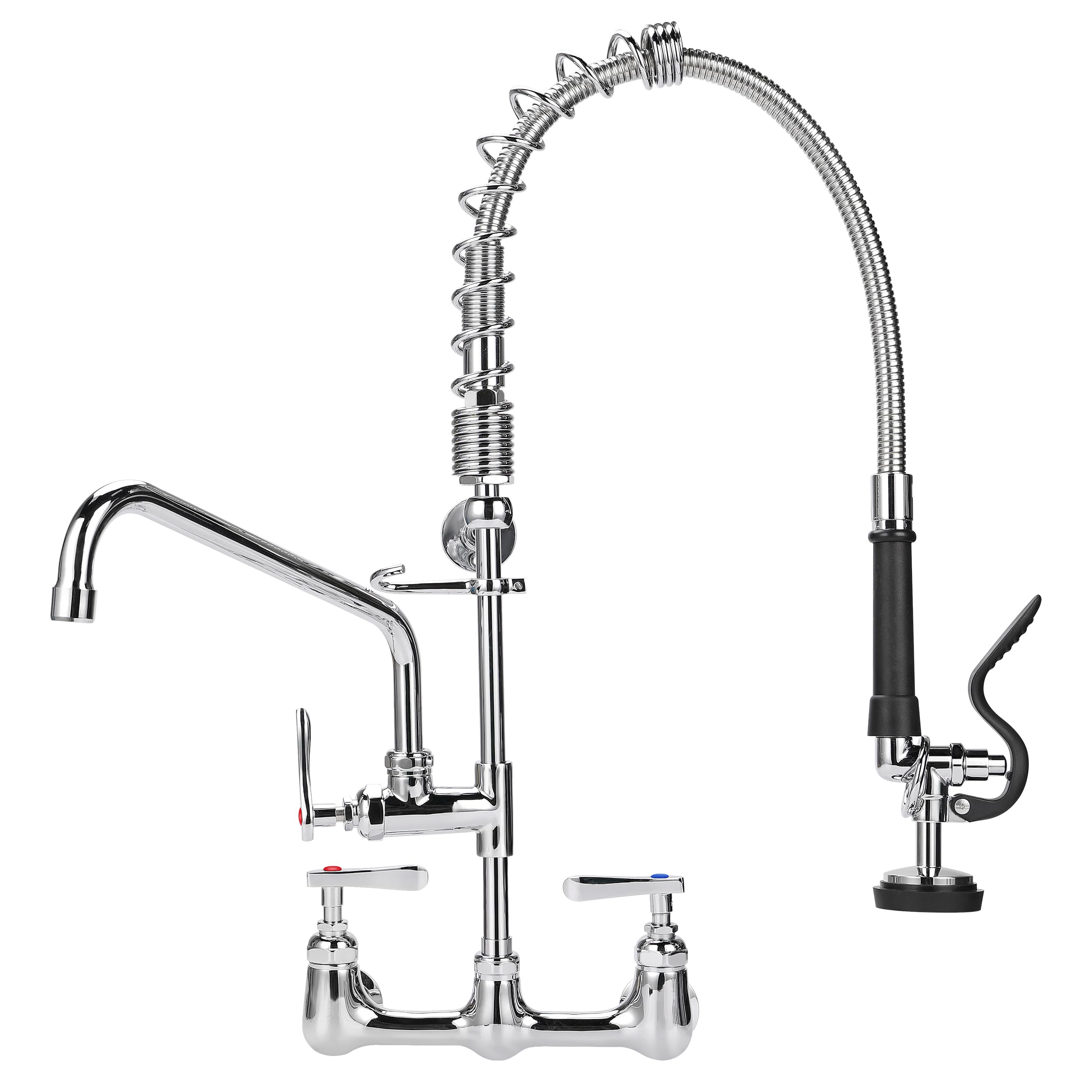 Wall Mount Commercial Kitchen Faucet with Pull Down Sprayer 25'' Height 8'' Center Adjustable Industrial & Restaurant Sink Faucet with 12" Swivel Spout Pre-Rinse Faucet for 1 2 3 Compartment Sink