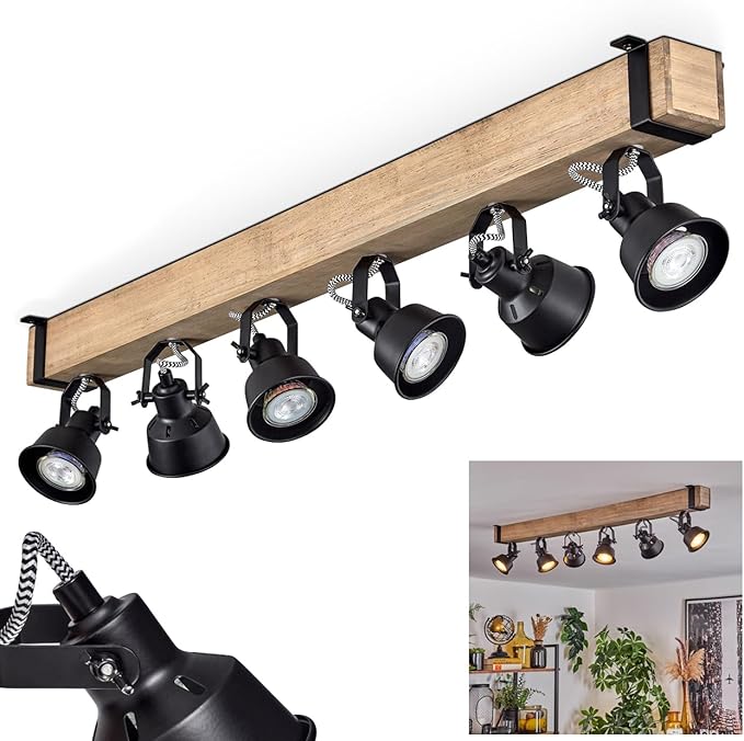 hofstein HOFSTEIN Plafondlamp Safari, moderne plafondlamp van metaal/hout in zwart/natuur, plafondlamp in industrieel design met verstelbare schermen, 6 lampen, 6 x GU10 zonder lamp