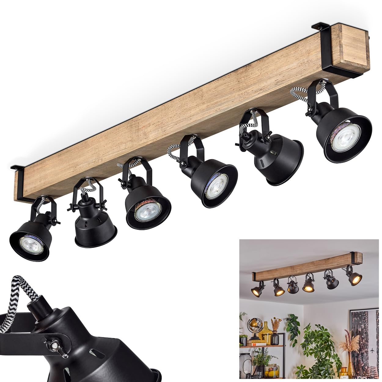 HOFSTEIN Deckenleuchte Safari, verstellbare Deckenlampe aus Metall/Holz in Schwarz/Natur, Leuchte im Industrial/Retro/Vintage-Design, Holzbalken, 6 x GU10, Wohnzimmer, Esszimmer, Schlafzimmer, Küche