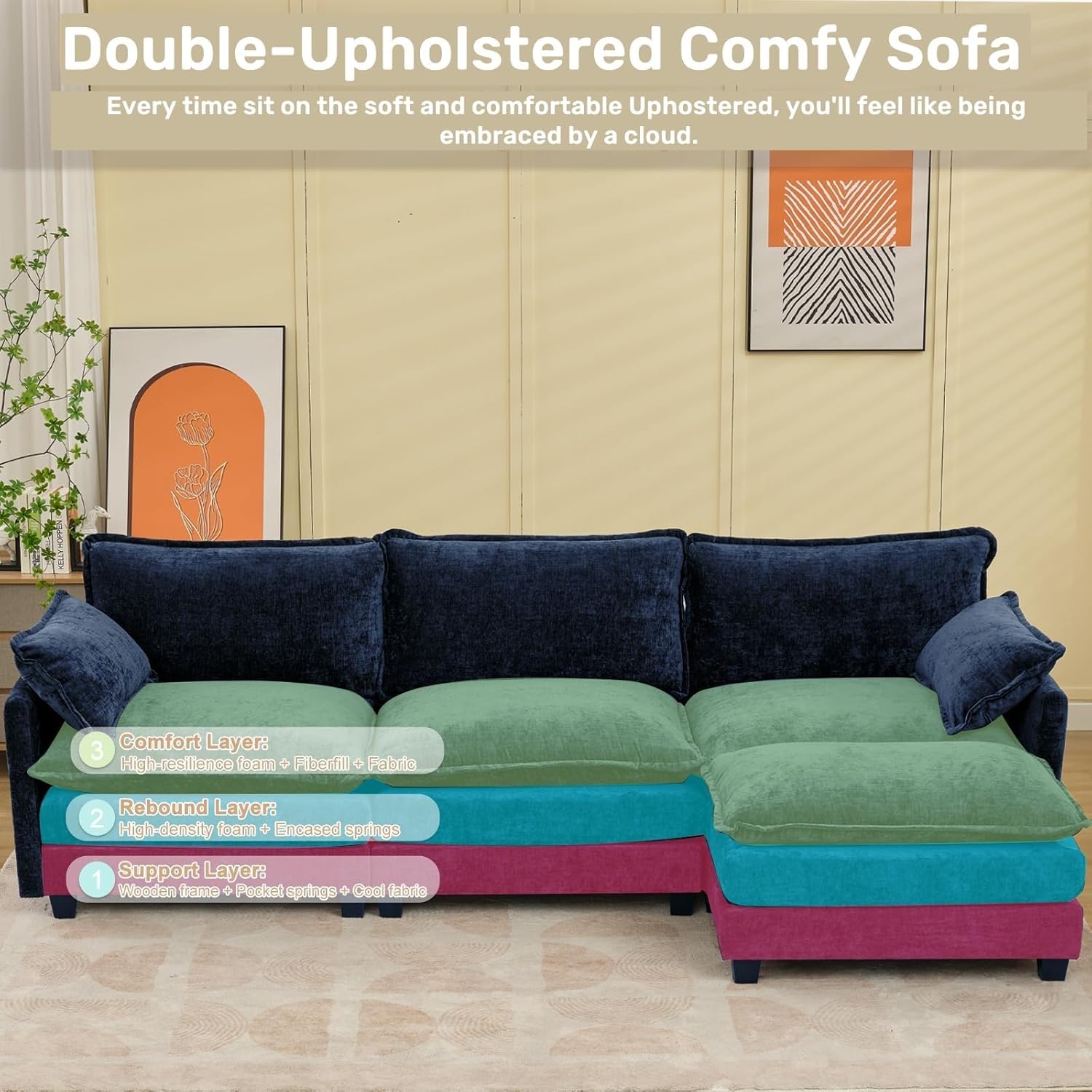 Modular Sectional Sofa, Comfy Cloud Couch with Movable Ottoman, 113" 3-Seat Convertible Couches, Deep Seat L Shaped Modular Sofa for Living Room, Apartment, Blue