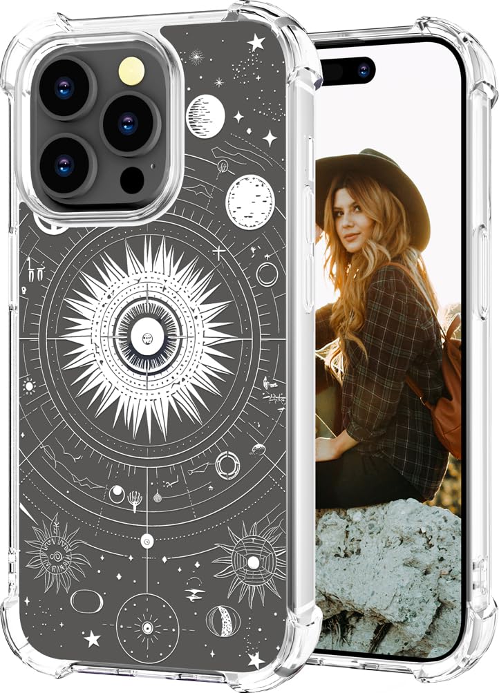 Hungo Compatible for iPhone 15 Pro Case for Women Clear Design Cute,Girly Girls Space Universe Planets Constellations Stars