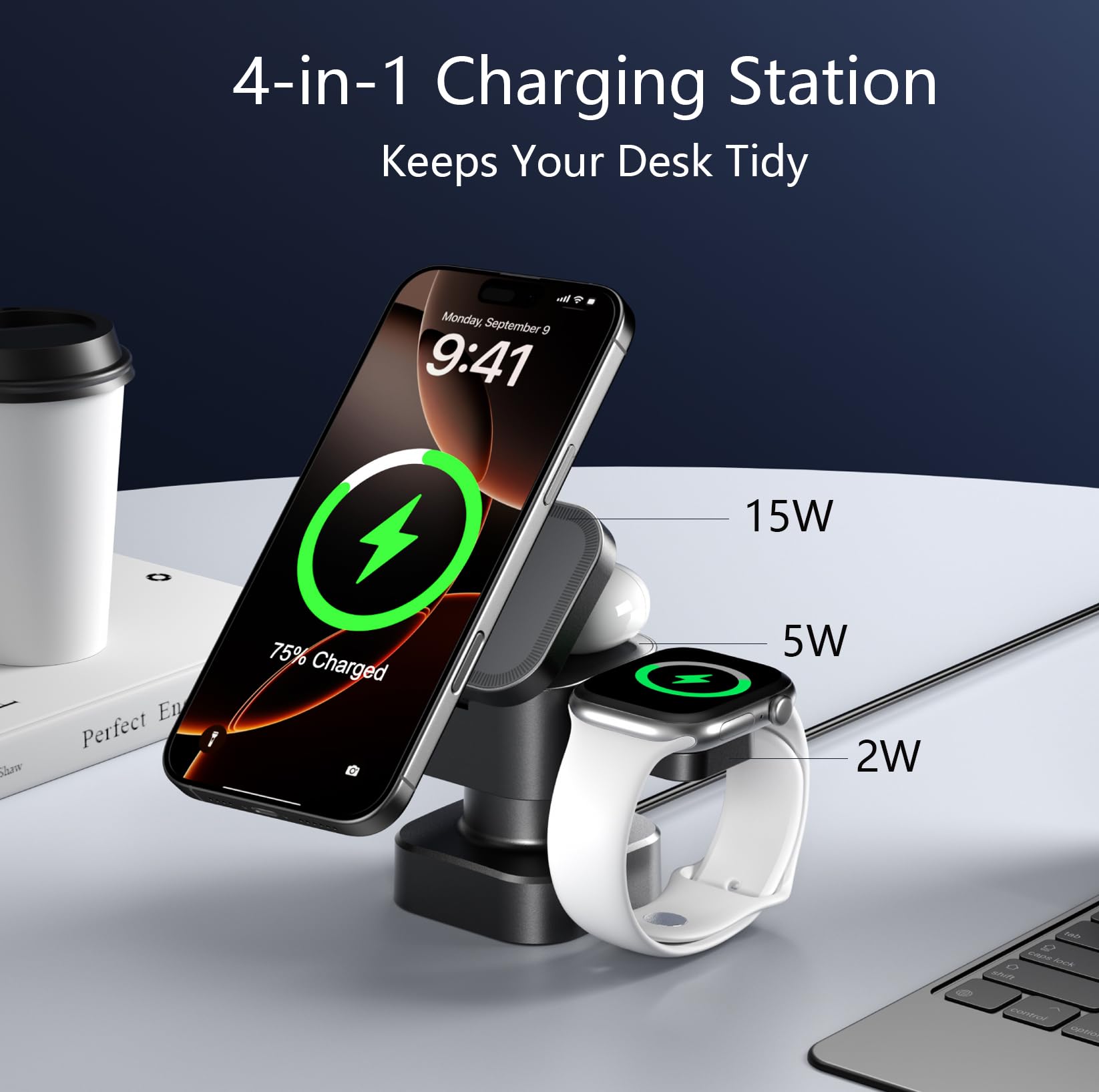 Station de Recharge magnétique sans Fil 4 en 1 pour Apple, Chargeur Rapide Pliable 15W avec veilleuse réglable, Support de Recharge sans Fil en pour iPhone 17/16/15/14/13/12, Apple Watch et AirPods