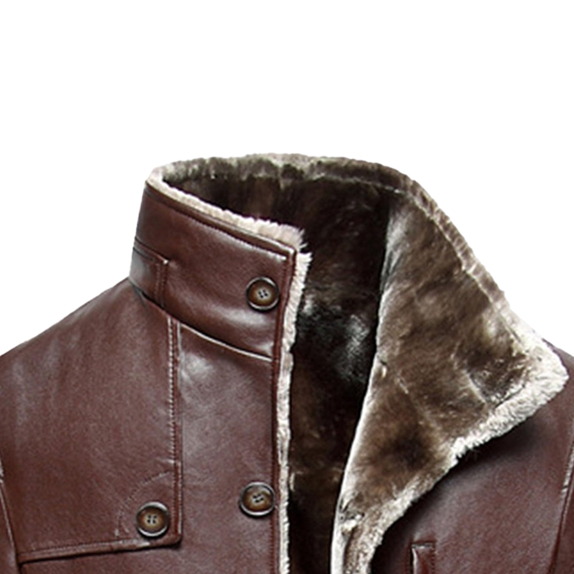 JEKE-DG Men's Faux Pu Leather Jacket Fleece Sherpa Lined Long Trench Coats Winter Warm Button Up Motorbike Jacket (XX-Large,Reddish Brown 2)