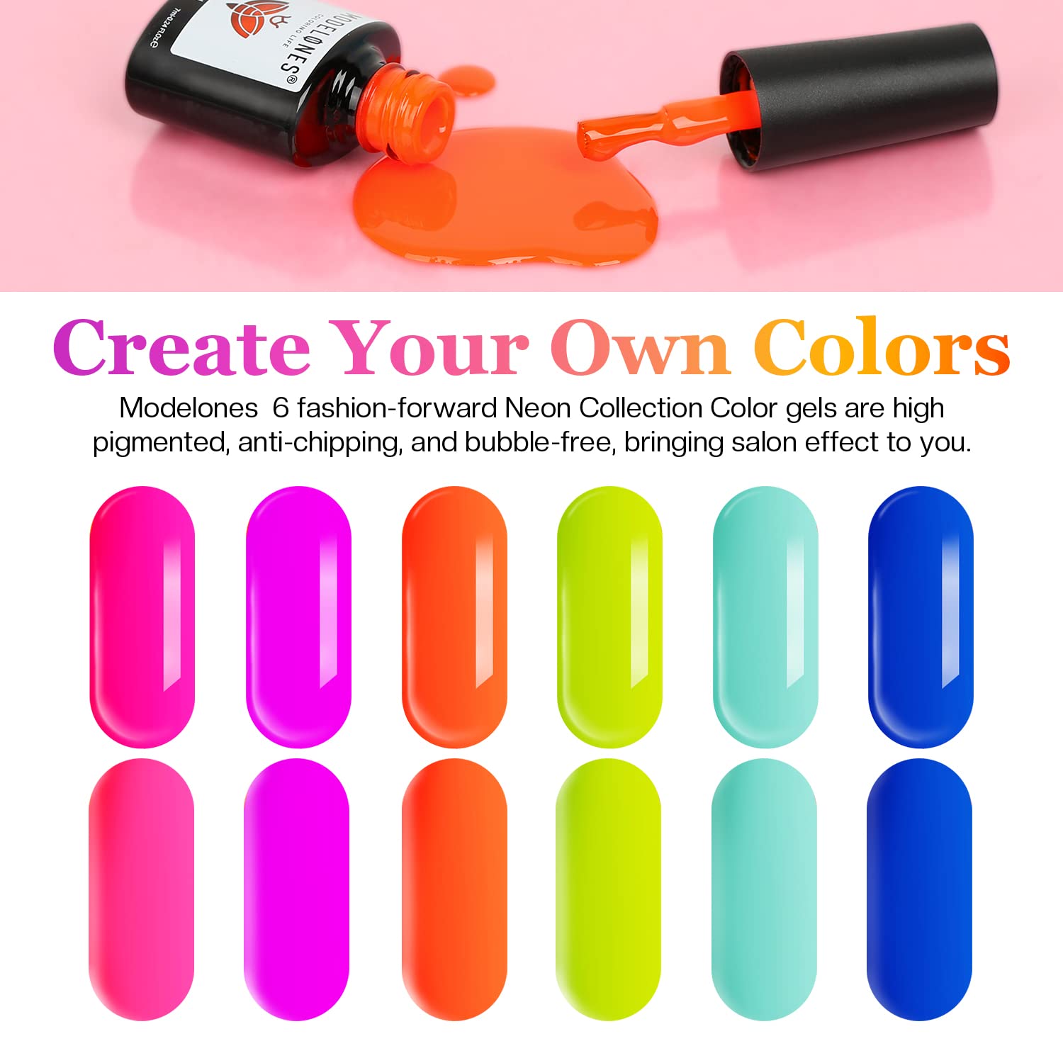 modelones Neon Gel Nail Polish Kit with U V Light 6 Colors Hot Pink Rainbow Spring Summer Gel Nail Polish Starter Kit with Mini Lamp/Base Top Coat/Manicure Tools DIY Nail Art Gifts for Women