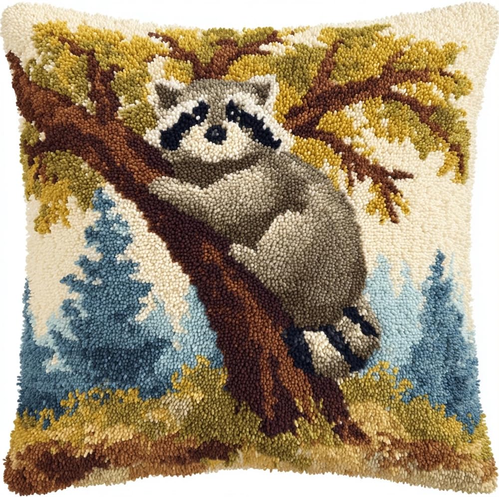 kitphoenix Latch Hook Cushion Kits for Adults Raccoon in A Tree