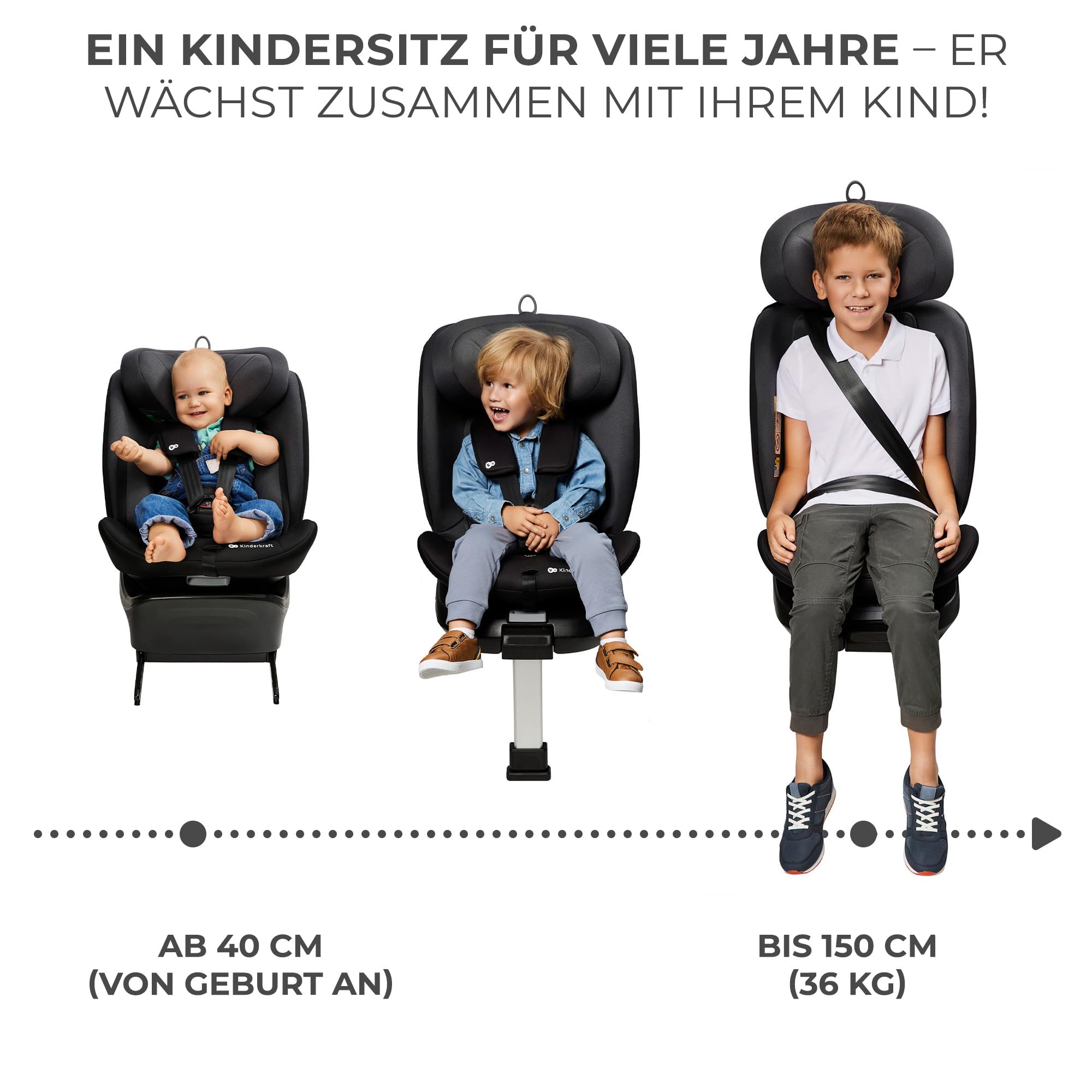 Kinderkraft I-360 Kindersitz 0-36 kg, I-SIZE 40-150 cm, Reboarder 360 grad drehbar, Kinderautositz mit Isofix station, FWF und RWF, Verstellbare Kopfstütze/Rückenlehne mit Liegeposition, Grau