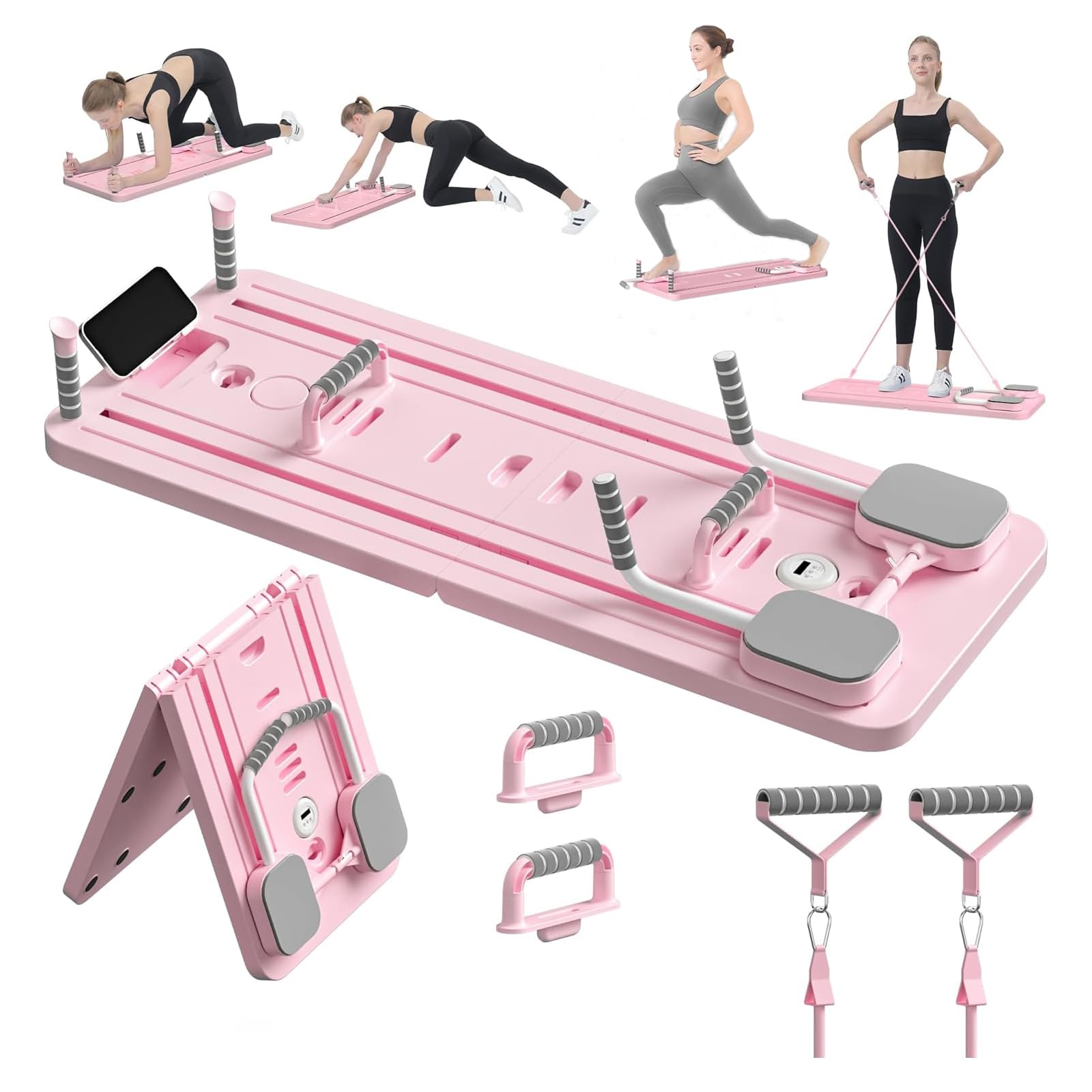 Flexella Pilates Board, 5 in 1 Foldable & Portable Reformer Pilates Machine, Pilates Reformer Set Home Core Workout Equipment, Multifunctional Abdominal Board Pink