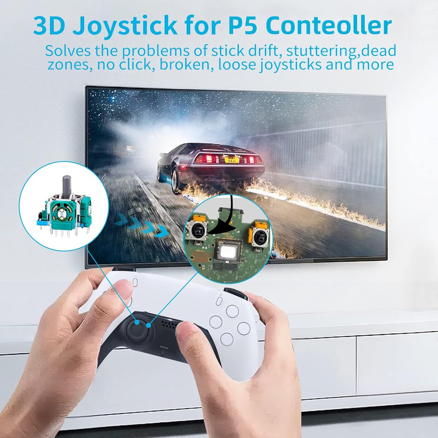 PS5 controller with a diagram highlighting the 3D joystick module and its function