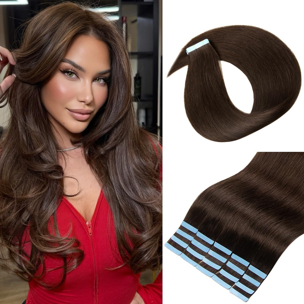 Dark Brown Tape in Hair Extensions Human Hair, 18Inch Invisible Seamless Skin Weft Human Hair Tape in Extensions for Women 20pcs 50g, Straight Remy Human Hair Extensions Add Lengh and Volume