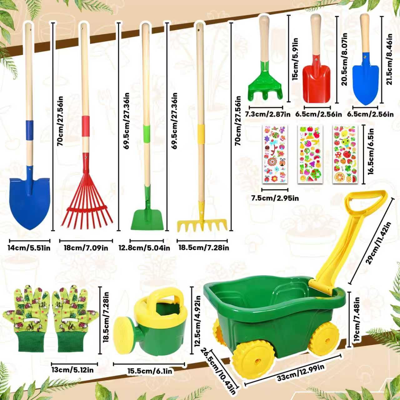 Carretilla para Niños, 13pcs Carretilla Niño Set Jardinería, Juego Herramientas de Jardín para Infantil con Pala, Escoba, Rastrillo y Rastrillo de Hojas, Pulverizador Juguetes de Arena Exterior (B)