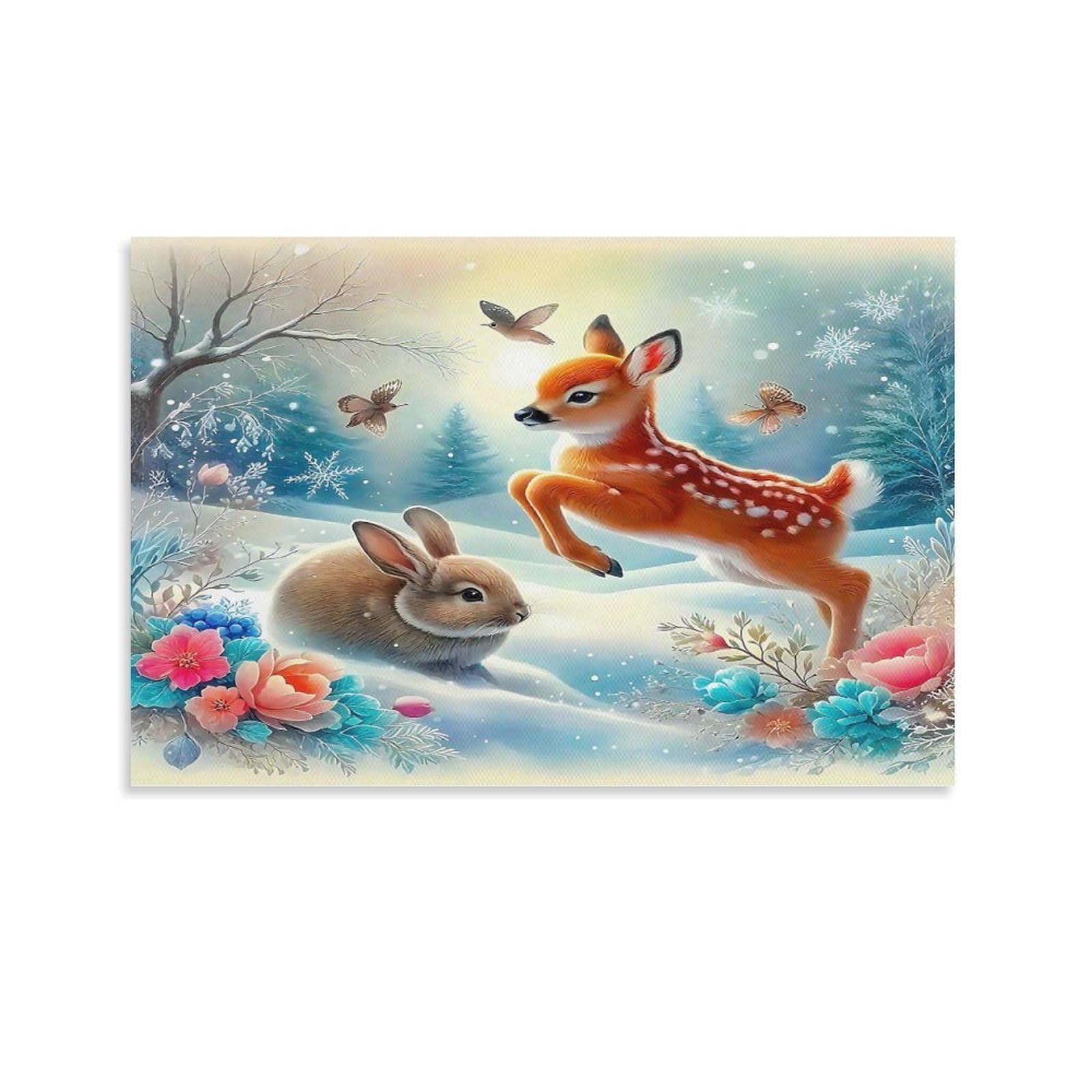 CPLVKWRQJ Cute Bunnies in Swimsuits Individual Fawn Rabbit Snowy Forest Flowers Canvas Wall Decor - Nursery Wall Hanging Space Saving Removable Ready to Hang 20x30inch(50x75cm)