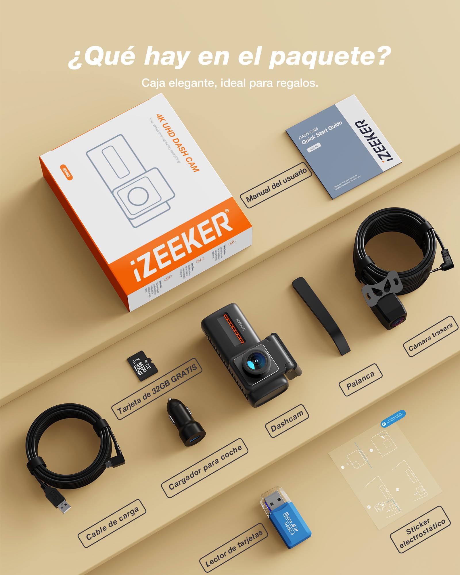 iZEEKER 4K Dashcam Frontal y Trasera, WiFi 6 Dash CAM Coche con Tarjeta 32G, 4K+1080P Camara Coche, Pantalla de 2.99", App, Visión Nocturna, Sensor G, Grabación en Bucle, 24H Monitor de Aparcamiento