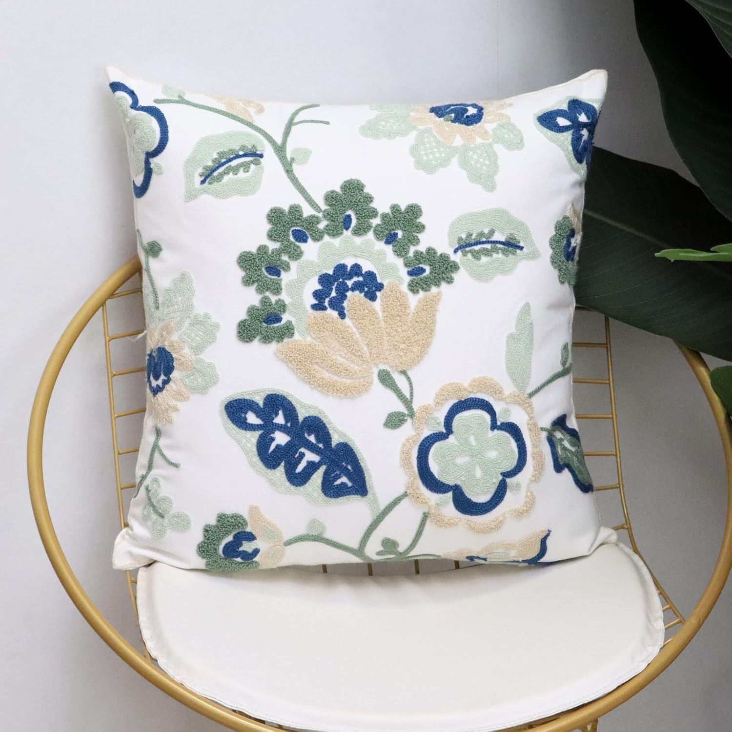 Pack of 2 Embroidered Decorative Throw Pillow Cover 18x18 Inch Farmhouse Floral Pillowcase for Living Room Sofa Bed (Dragon Flower-A)