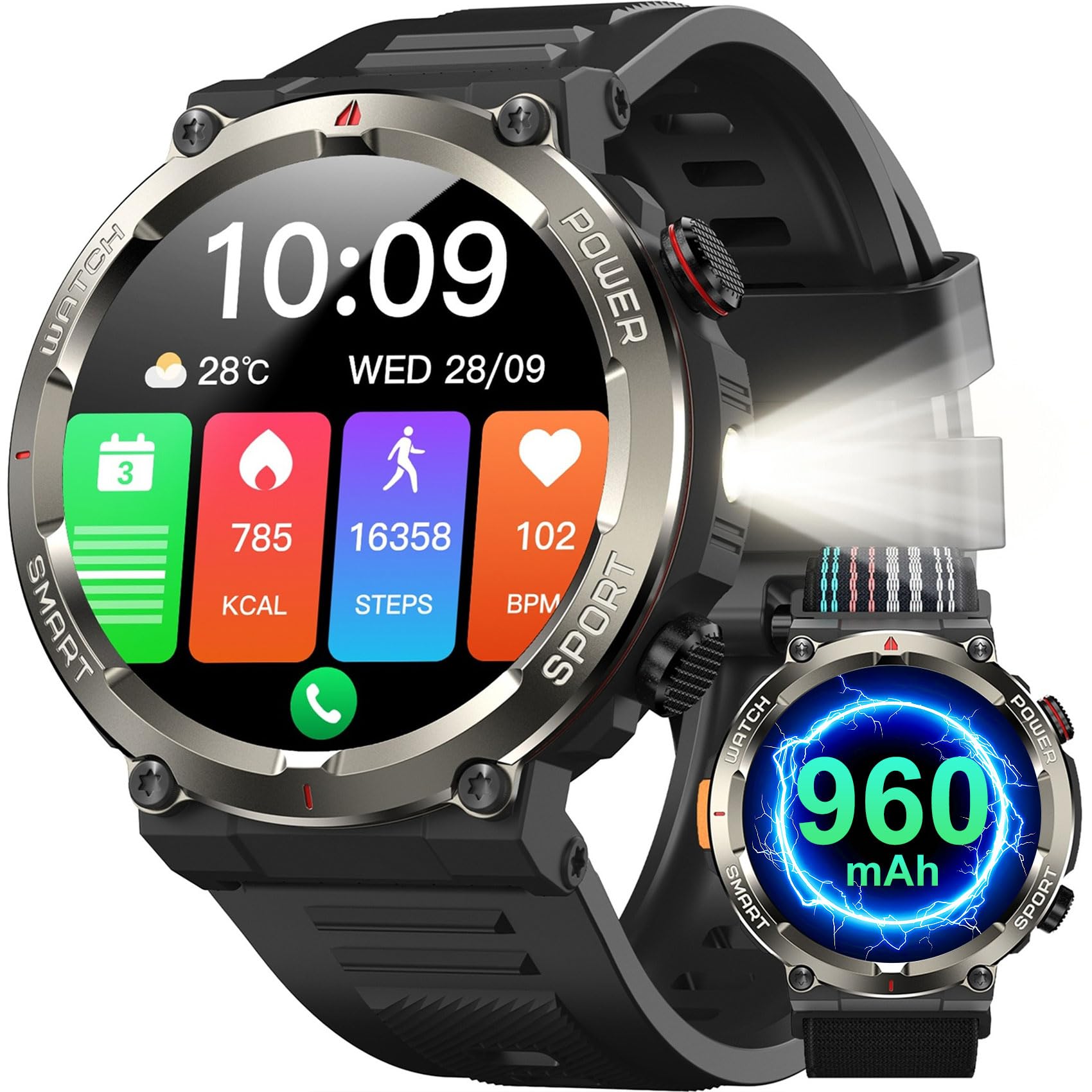 IOWODO Montre Connectée Homme, Appels Bluetooth, Whatsapp, 1,45" HD Ecran Tactile, Analyse Fréquence Cardiaque/SpO2/Sommeil, 120+ Modes Sportifs, IP68 étanchéité, Boussole, Android/iOS