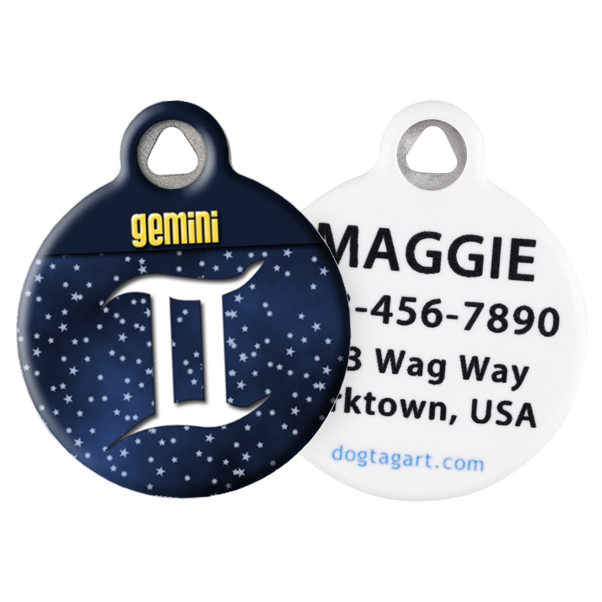 Dog Tag Art Vintage Retro Zodiac Custom Pet ID Tag for Dogs and Cats, Personalized Dog Tag with Customized Identification Information, Gemini Symbol, Small (7/8