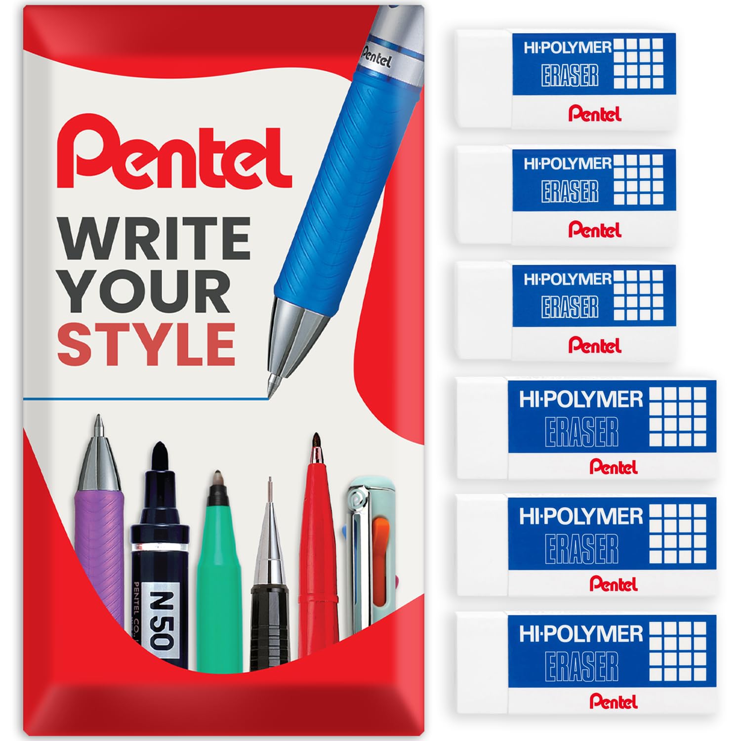 Pentel Hi-Polymer Plastic Rubbers Erasers - Jumbo/Small - White - ZEH05/ZEH10 - Pack of 6 in Envelope Gift Packaging