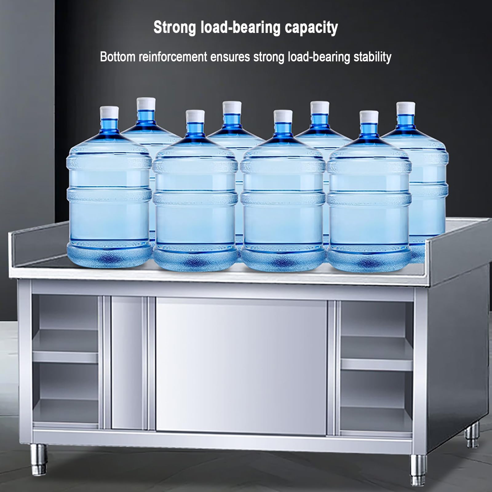 Mesa de preparación de acero inoxidable de varios niveles, mesa de trabajo comercial con puertas correderas y armarios de almacenamiento, diseño resistente, capacidad de 1240 libras, ideal para cocina
