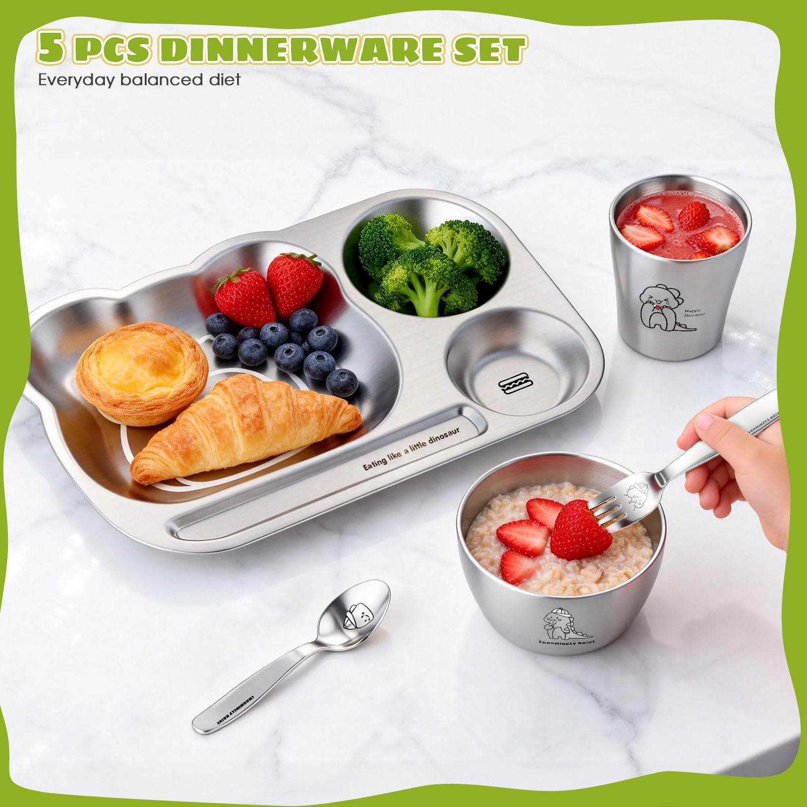 Greentainer Edelstahl Baby Geschirrset, Kindergeschirr-Set aus Edelstahl,5-teiliges Mehrweg Geschirr-Set,Becher, Schüssel, Teller, Löffel & Gabel für Kinder