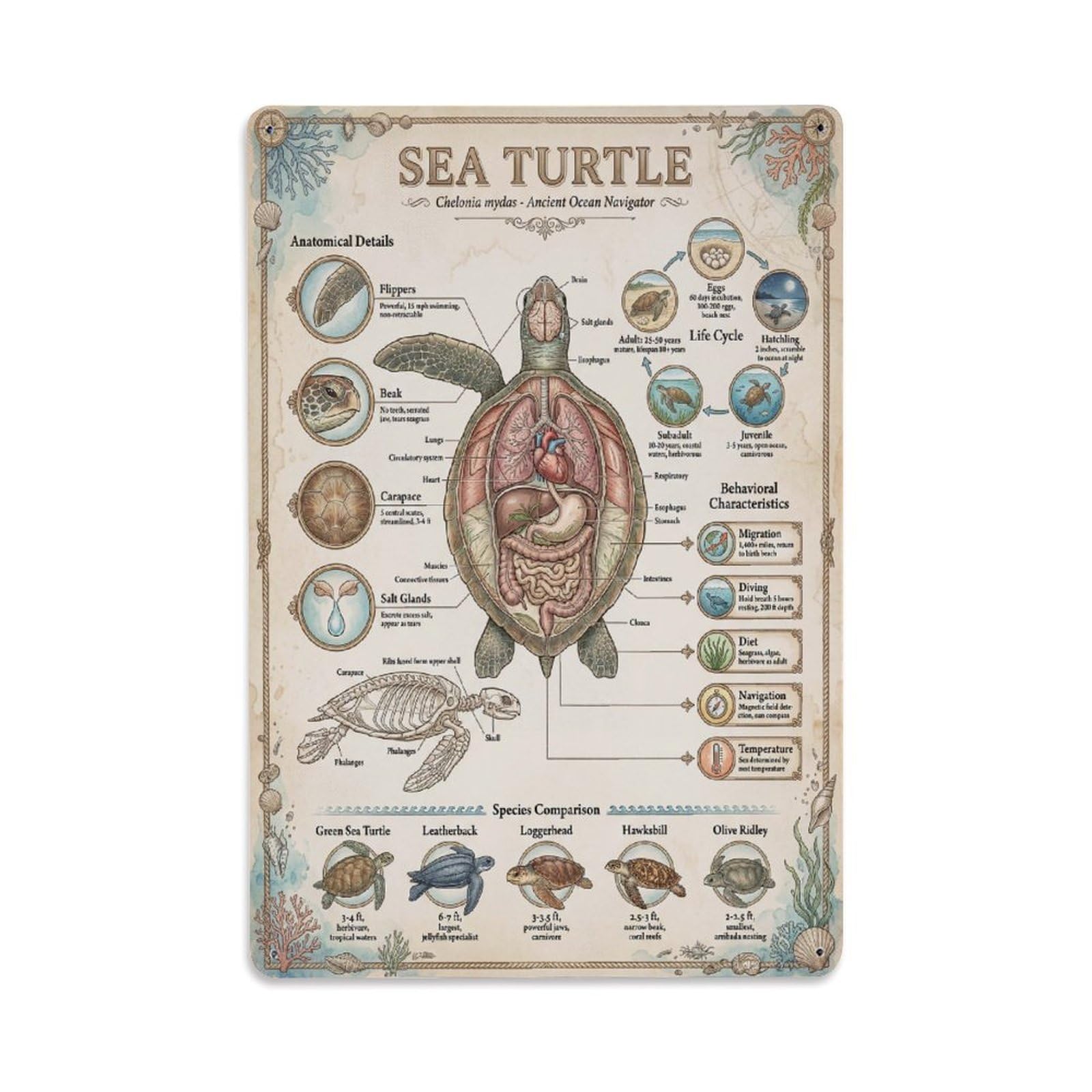 Kids Animal Zoology Study Guide Sea Turtle Anatomy Sci Inf Metal Tin Sign Plaque Wall Decor for Cafe, Man Cave, Club Bar, Office, Home Garden Round Metal Poster 8x12Inch