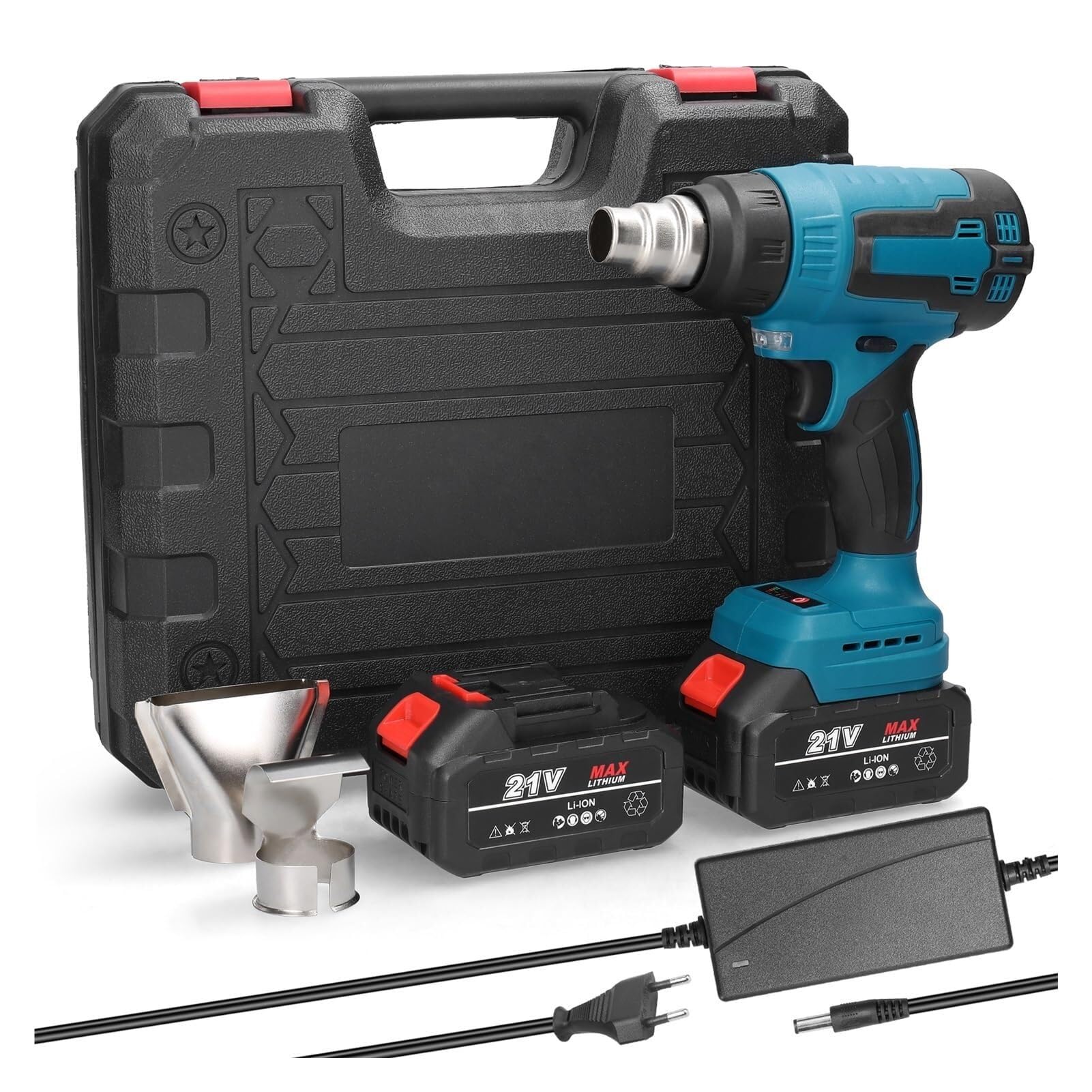 Cordless Handheld Hot Air Heating Machine Lithium Battery Rechargeable Heat Gun with 3 Nozzles IndustrialHome Hair Dryer (Color : EU 2pcs Batterie) (EU 2pcs Batterie)