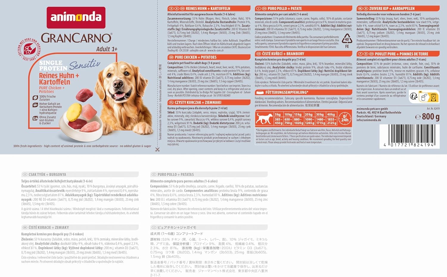 Nourriture pour chien GranCarno Sensitiv Adult d’animonda, nourriture humide pour chien adulte, pur poulet + pomme de terre, 6 x 800 g