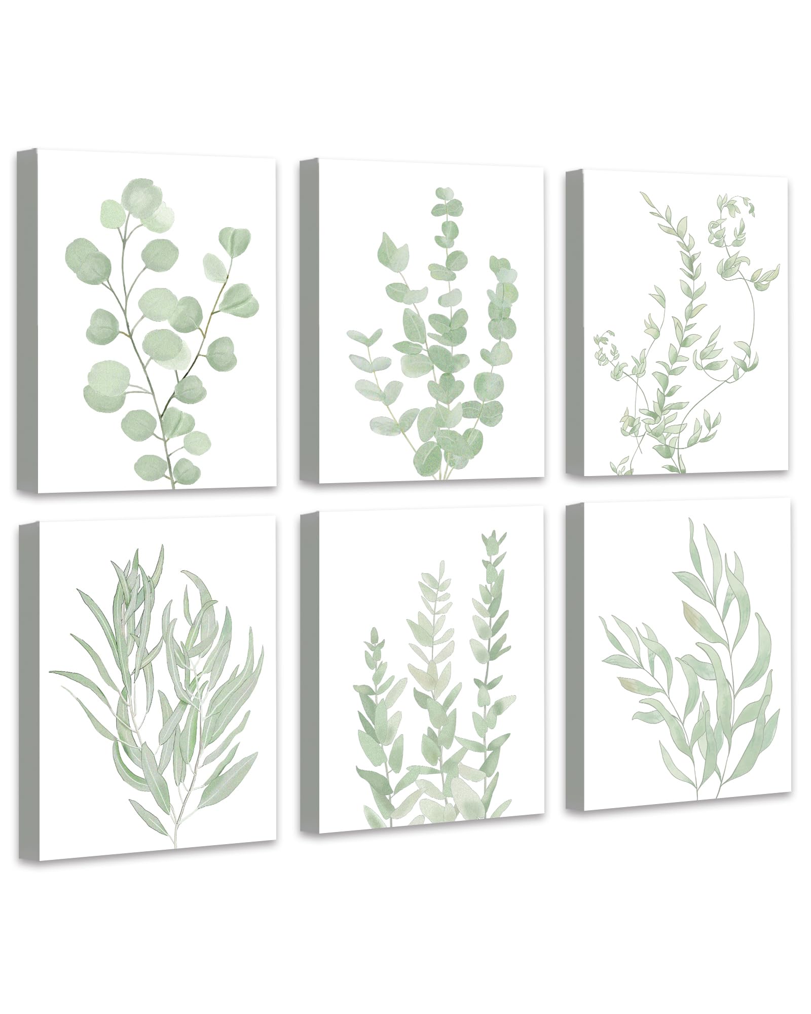 Botanical Eucalyptus Canvas FRAMED Wall Art,Boho Plant Wall Decor for Bedroom,Minimalist Prints for Living Room,Light Green Botanical Art Painting for Bathroom,Set of 6,8”x 10”