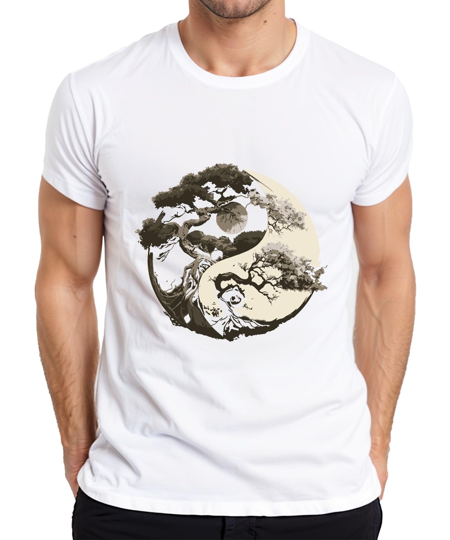 Printera Men's White Tree Of Life Yin Yang Moon Zen Balance Nature Meditation Yoga T-Shirt, L