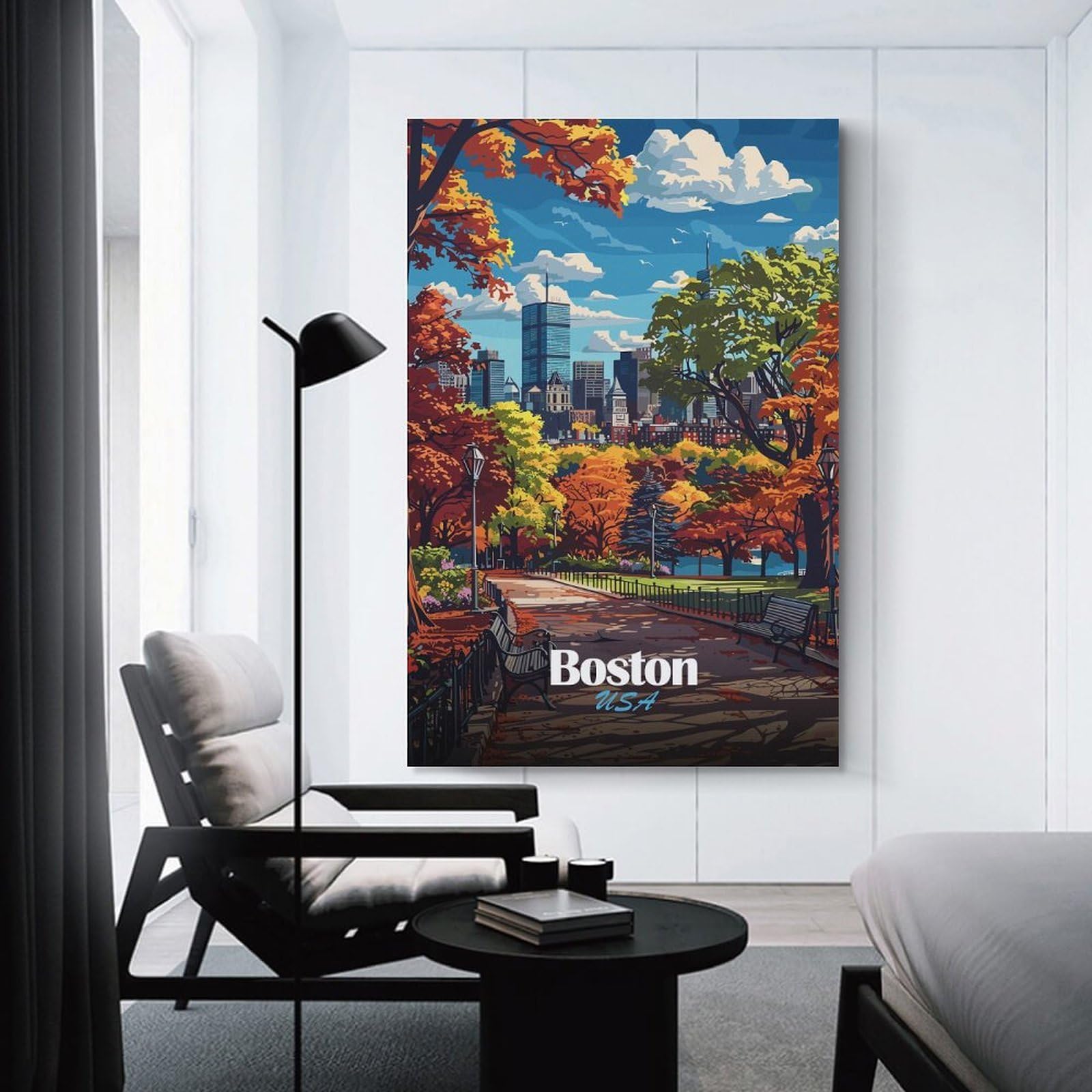 Junmoney Boston Skyline Autumn Canvas Wall Picture, 24x36inch(60x90cm), for Wall Displays, Bedrooms Or Room Updates, Wall Decor Suited to Curated Displays