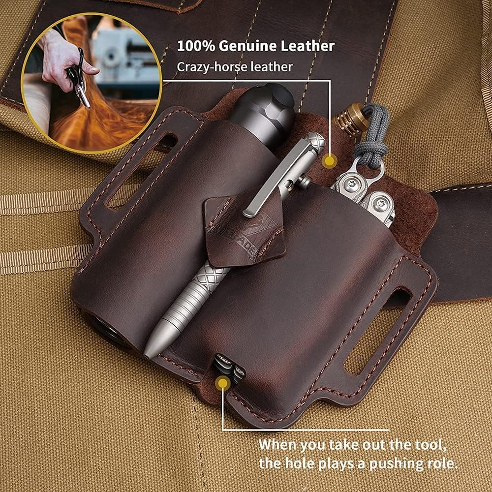VIPERADE PJ19 Funda de piel EDC organizador de cuero táctico multiherramienta bolsa con llavero trabilla para cinturón, soporte para bolígrafo para linterna, herramientas, camping al aire libre