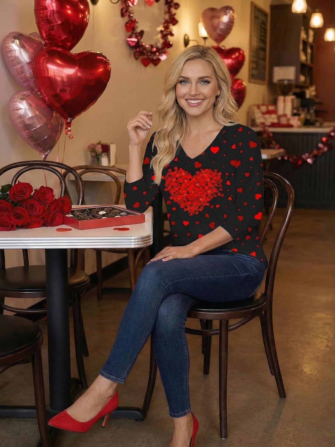 Valentine's Shirt for Women Womens 3/4 Sleeve V Neck T-Shirts Cute Red Lover Heart Graphic Tee - Image 4