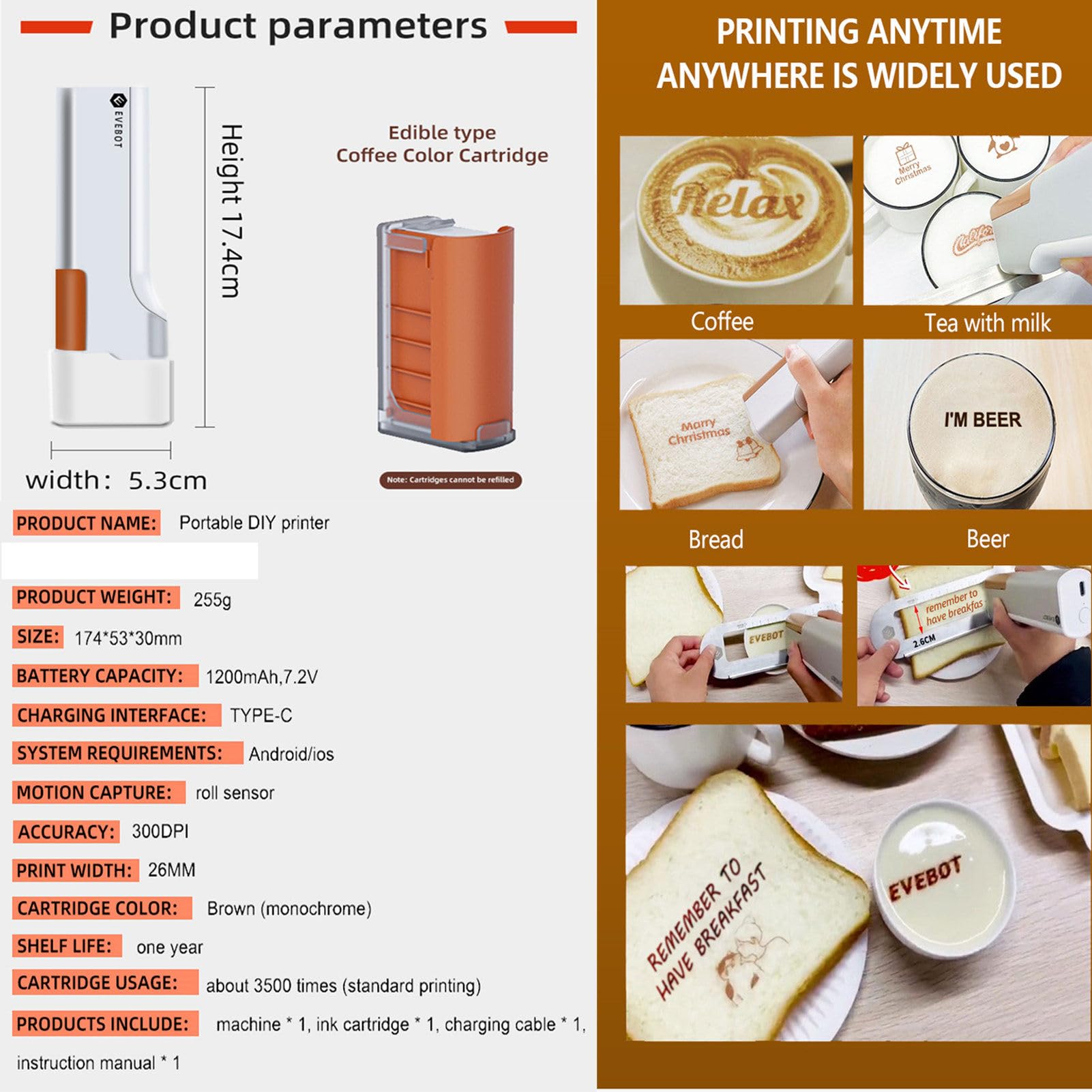 Penna per Stampante Mini Stampante per Alimenti Penna a Getto d'inchiostro Portatile Stampa 1200mAh Mini Stampante Portatile Inchiostro per Stampa Alimentare