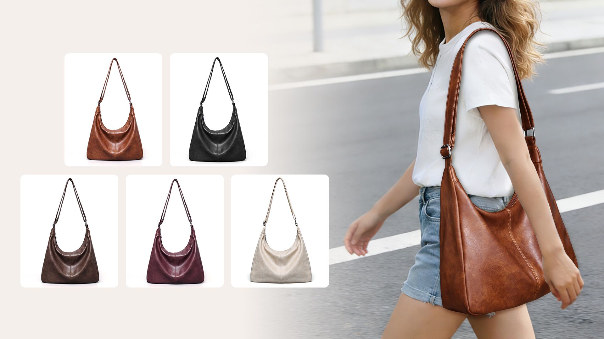 Bolso Hobo para mujer de cuero vegano y bandolera plegable miniatura 7