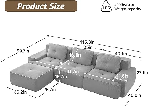 Miniatura 9 de Sofás modulares deshuesados de 115 pulgadas para sala de estar, sofá modular de pana, sofá modular marrón, 3 plazas con 1 otomana, sofás para sala